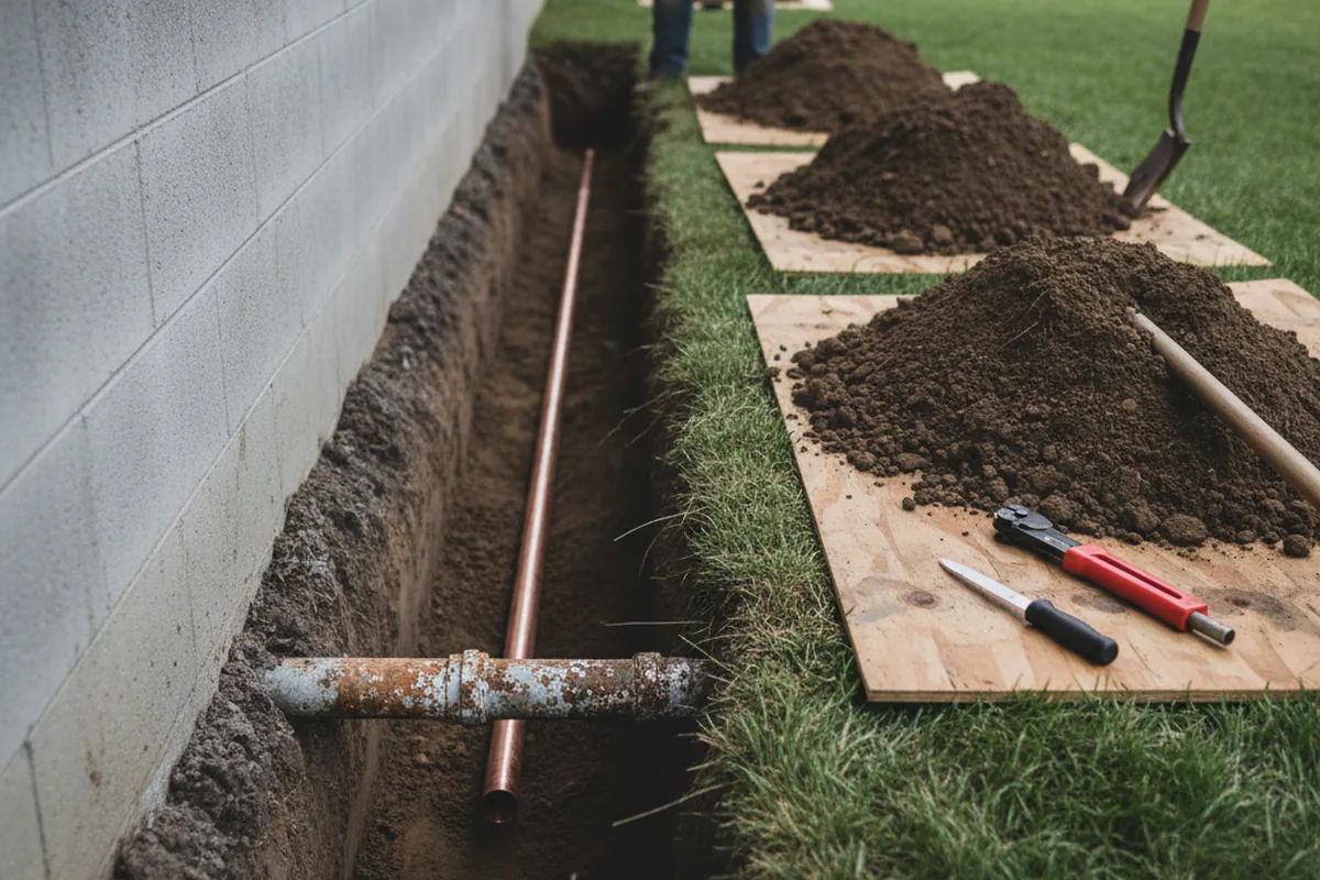 Excavated water line trench during Sewer Line Repair in Stephensport